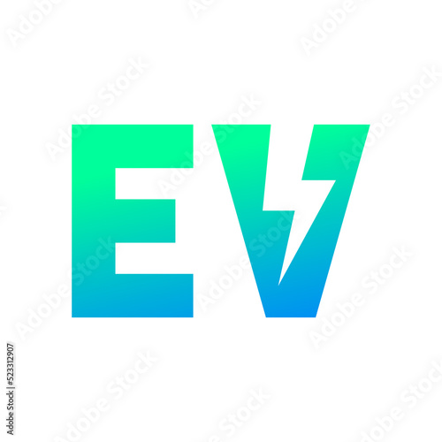 EV with lightning bolt icon symbol, Electric vehicle, Charging point logotype, Eco friendly vehicle concept, Vector illustration