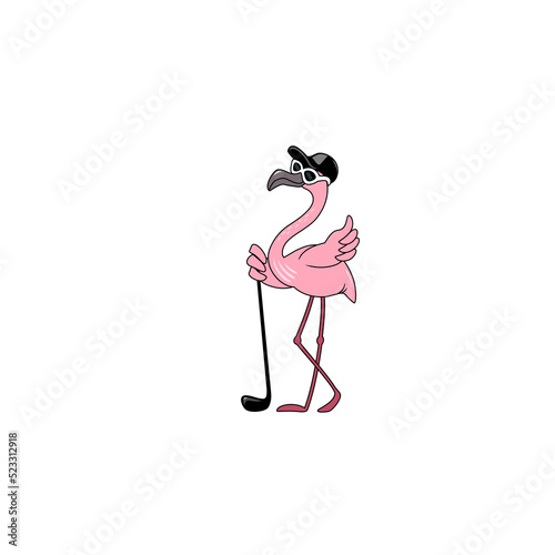 Pink Flamingo Play Golf. Vector illustration, Cartoon character, Stickers, Logo