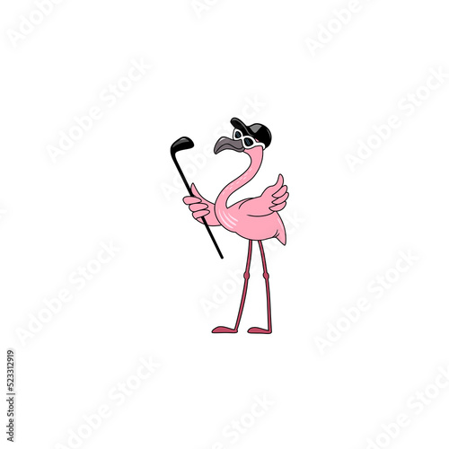 Pink Flamingo Play Golf. Vector illustration, Cartoon character, Stickers, Logo