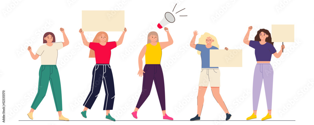 Activists protest with a megaphone and a poster. Young women with their hands raised participate in a protest. Vector illustration of a cartoon character in a flat style.