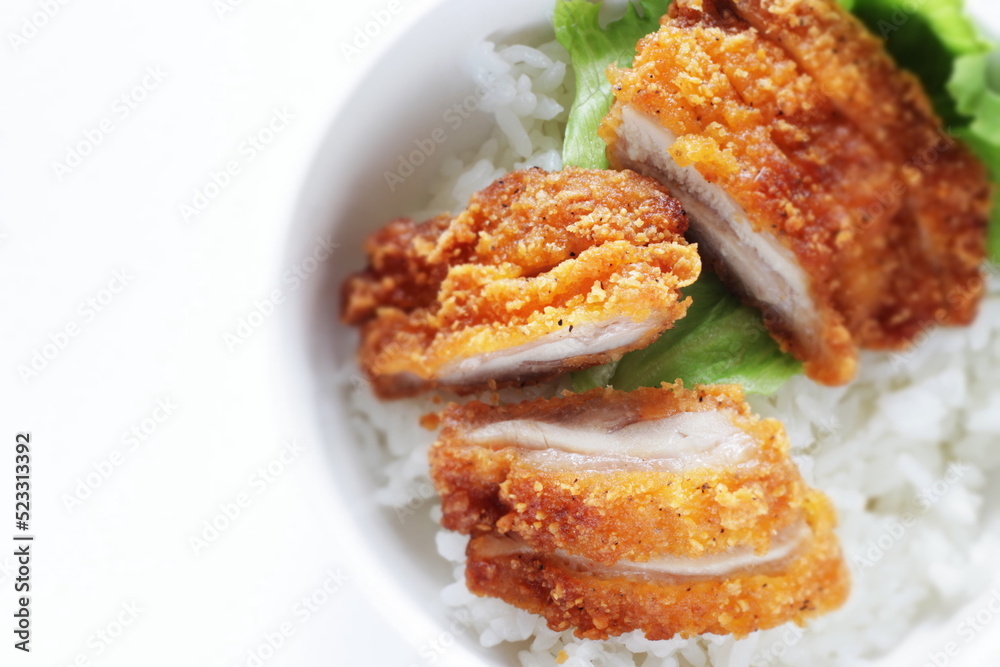 Fried chicken fillet on rice for Asian food image