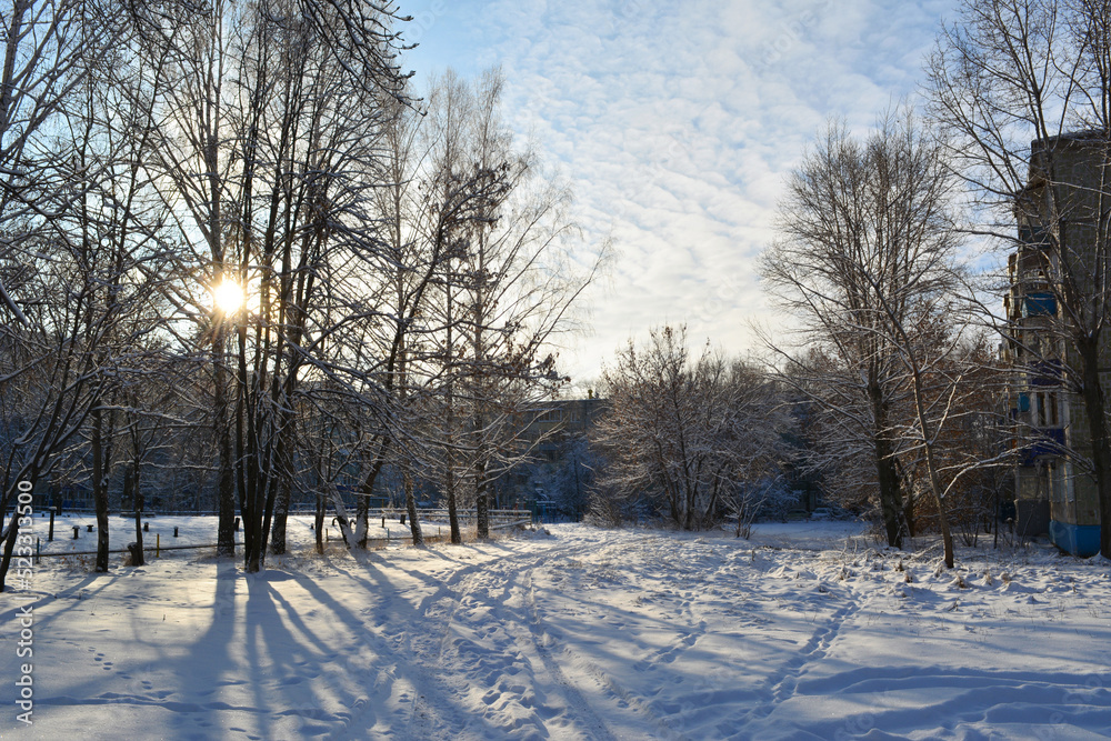 Winter landscape of the city yard. The sun shines through the trees and casts shadows on the snow-covered paths.