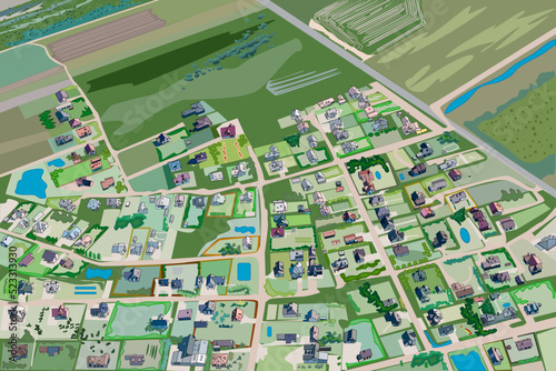 Village aerial view. Panorama of landscape with houses, fields, way and trees.Country neighborhood top view with home roofs and meadows.Town from above.Suburban map.Big countryside.Vector illustration