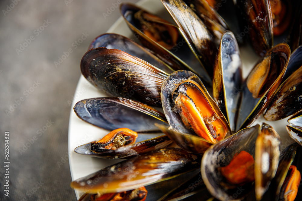 mussels in shells fresh seafood meal on the table copy space food background mussels in shells fresh seafood meal on the table copy space food background
