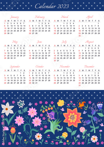Calendar for 2023 with romantic floral ornament and polka dot pattern on a blue background. The week starts on Sunday.