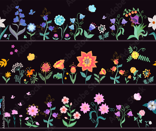 Three seamless horizontal floral borders with fabulous flowers and butterflies in blue, orange-red and pink-purple color scheme on a black background in vector.