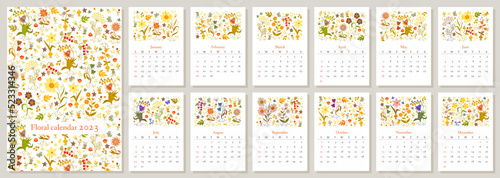 Beautiful calendar with floral ornament, butterflies and berries for 2023. The week starts on Sunday.