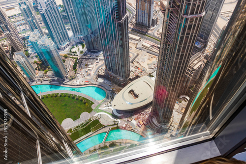 Dubai, UAE - 07.18.2021 - Areal view of downtown and Dubai opera building.city