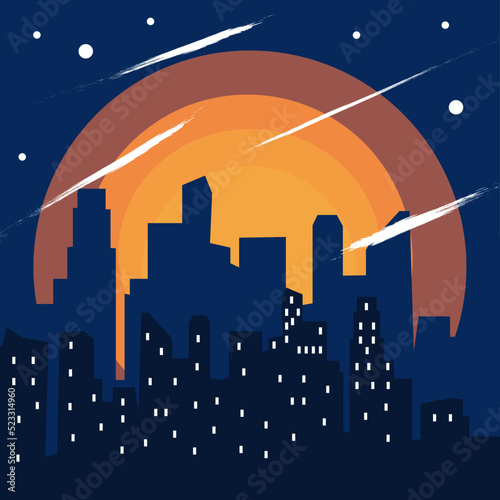 Night city against the backdrop of a glowing moon