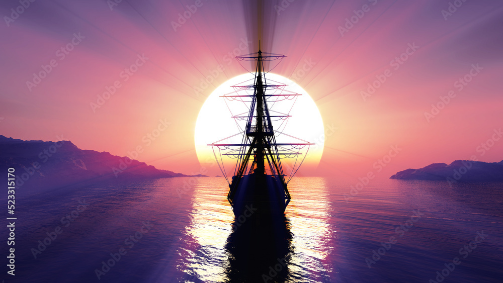 old ship sunset at sea 3d rendering