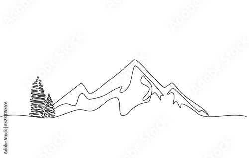 Continuous line drawing of a mountainous landscape. Minimalist horizon with mountain peaks in simple single line style. Winter sports adventure concept in doodle style. Editable strokes.