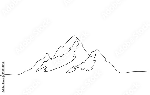 Continuous line drawing of a mountainous landscape. Minimalist horizon with mountain peaks in simple single line style. Winter sports adventure concept in doodle style. Editable strokes.