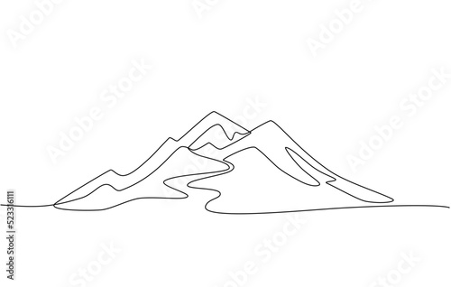 Continuous line drawing of a mountainous landscape. Minimalist horizon with mountain peaks in simple single line style. Winter sports adventure concept in doodle style. Editable strokes.