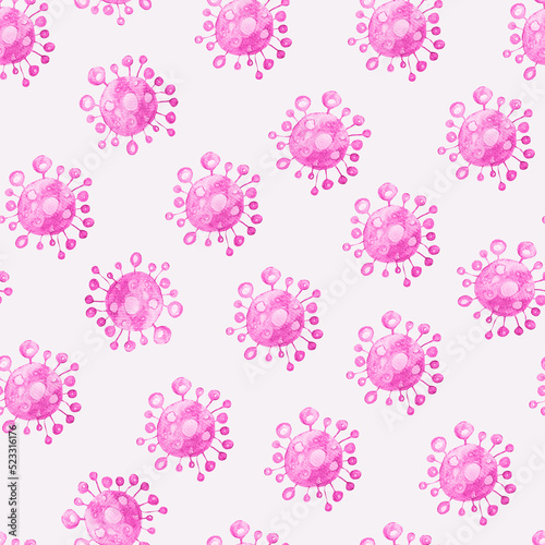 Pink coronavirus bacterium watercolor seamless pattern. Template for decorating designs and illustrations.