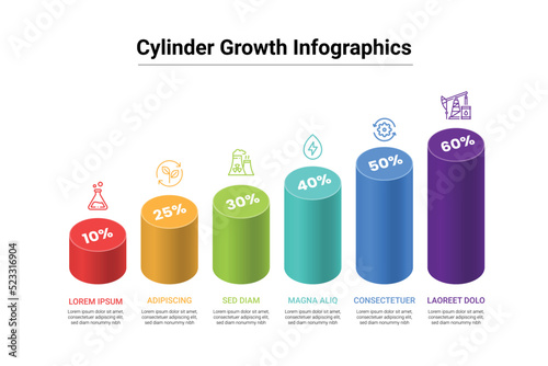 6 level business growth concept. 3D cylinder style infographics vector illustration.