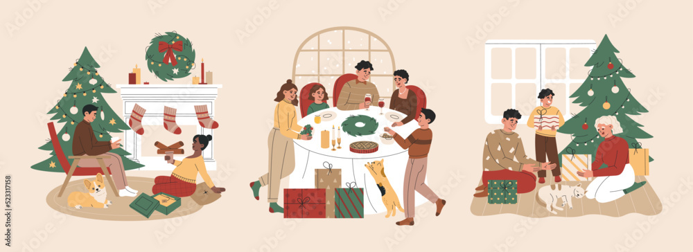 Fototapeta premium Christmas set of families with kids celebrate at home. Happy people near the xmas tree, at the feast table, give gifts. Hand drawn vector illustration isolated on light background. Flat cartoon style