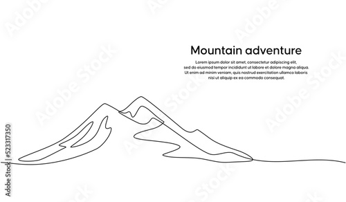 Continuous line drawing of a mountainous landscape. Minimalist horizon with mountain peaks in simple single line style. Winter sports adventure concept in doodle style. Editable strokes.