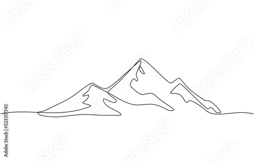Continuous line drawing of a mountainous landscape. Minimalist horizon with mountain peaks in simple single line style. Winter sports adventure concept in doodle style. Editable strokes.