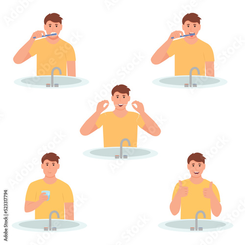 Dental care and hygiene. Man brushing teeth stages. Brush your teeth and tongue. Use  floss and rinse your mouth.Flat vector illustration