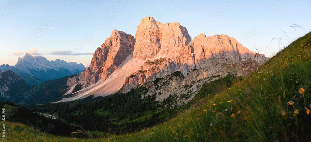 Stunning panoramic view of Mount Pelmo during a beautiful sunset. Monte Pelmo was the very first high mountain of the Dolomites that was climbed, Italy..