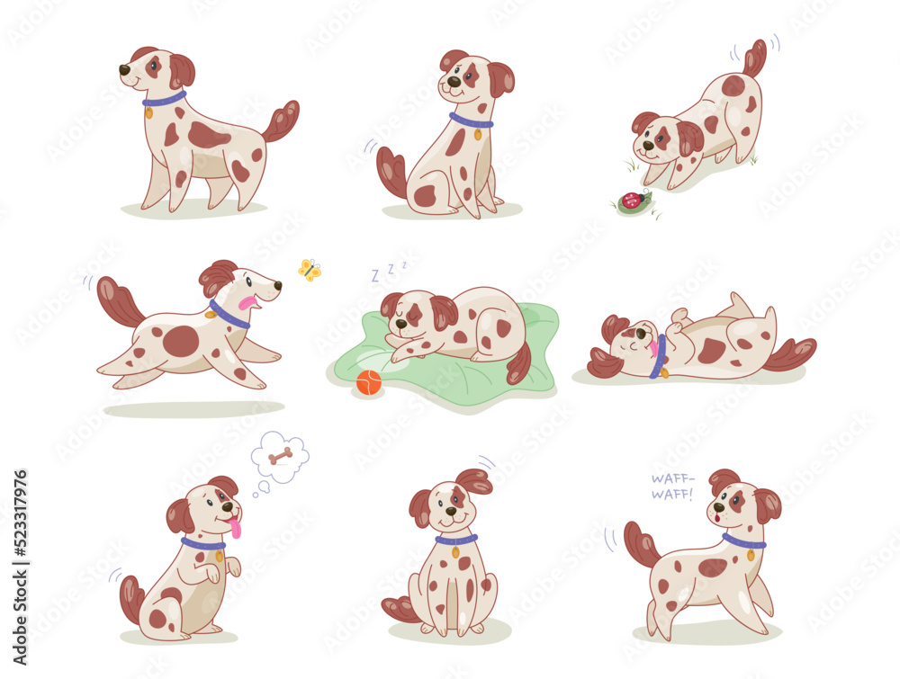Set of dogs in different poses. Stickers with cute puppy sleeping on blanket, playing with toy, walking outdoors and begging for food. Happy pet. Cartoon flat vector collection isolated on white
