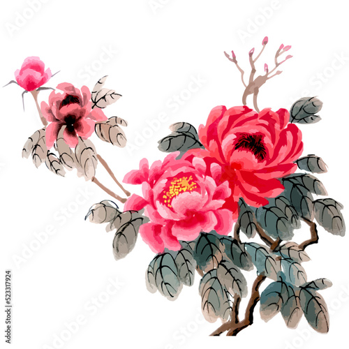 Hand drawn watercolor vector of peonyflowers.