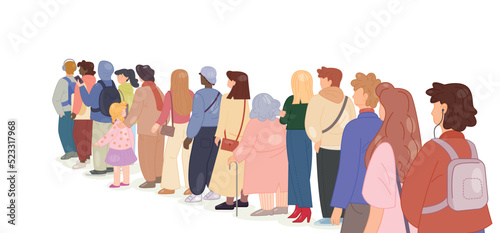 Big queue. Long line of different multitrass people in store or at border. Men, women, elderly people, children and family migrating. Crowd of refugees or tourists. Cartoon flat vector illustration