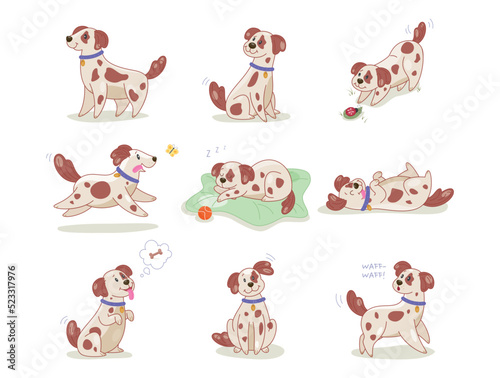 Set of dogs in different poses. Stickers with cute puppy sleeping on blanket, playing with toy, walking outdoors and begging for food. Happy pet. Cartoon flat vector collection isolated on white