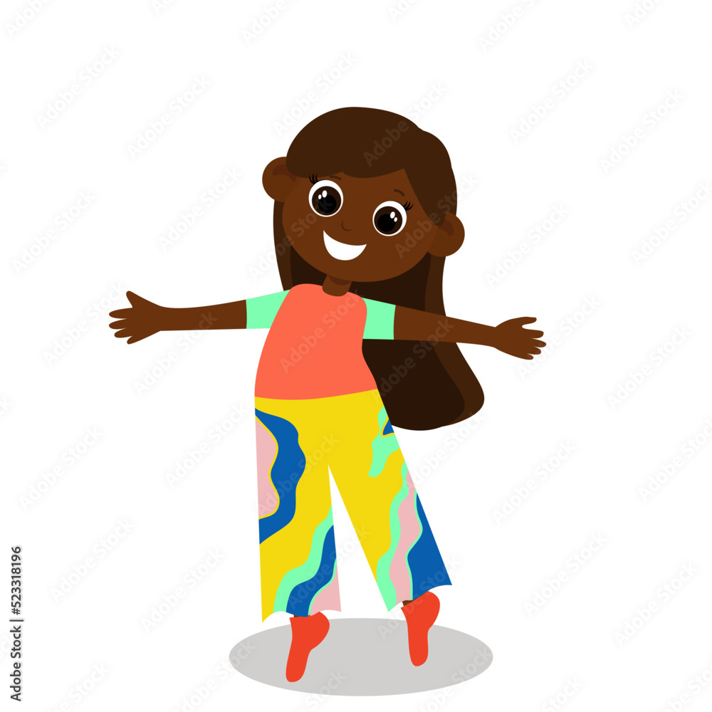 A girl in wide colored pants rejoices and stands with her arms outstretched. The child is happy and fashionably dressed. Character design isolated on white background. A girl in wide colored pants rejoices and stands with her arms outstretched. The child is happy and fashionably dressed. Character design isolated on white background.