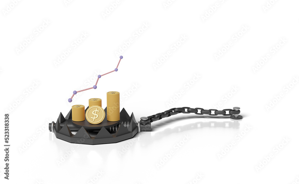 Bear Trap with charts and graph, money coin dollar stacked isolated. business trap, scammer concept, 3d illustration, 3d render 