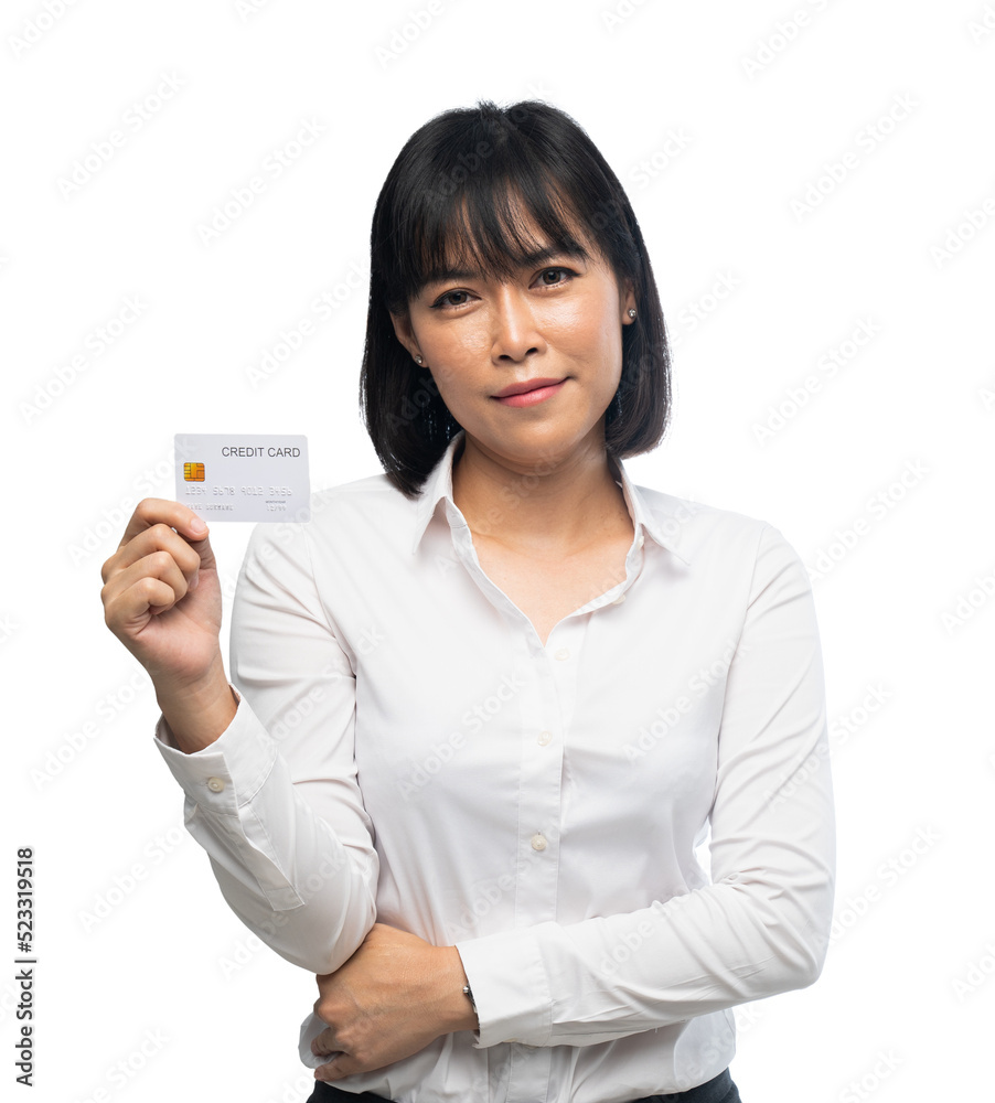 woman wearing white shirt holding credit card woman wearing white shirt holding credit card