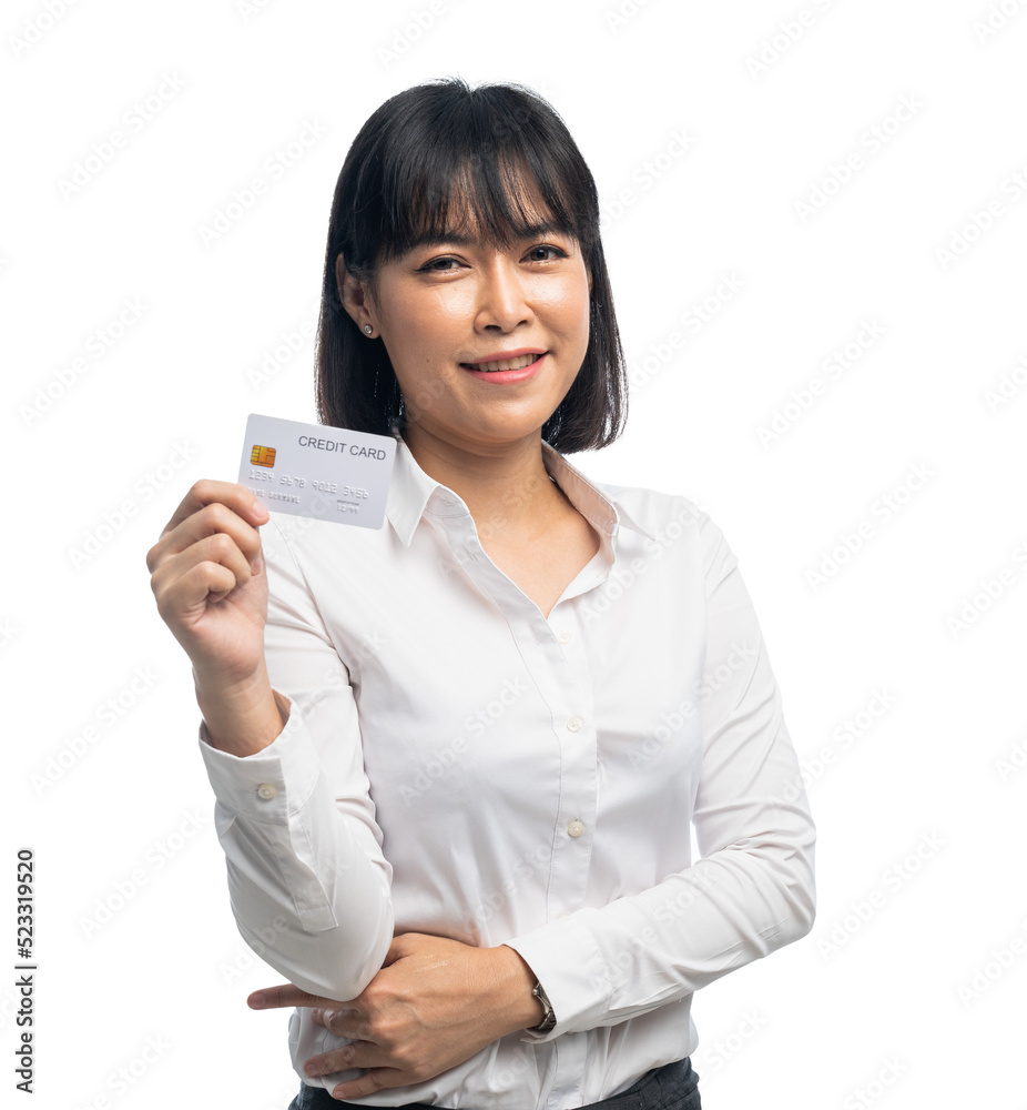 woman wearing white shirt holding credit card woman wearing white shirt holding credit card