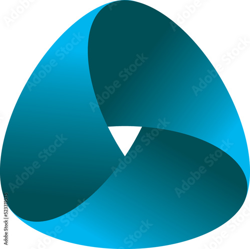 Impossible triangle. Penrose optical illusion. Blue gradient triangular shape. Abstract infinite geometric logo design. Design object. Isolated on white background. 3d Vector illustration