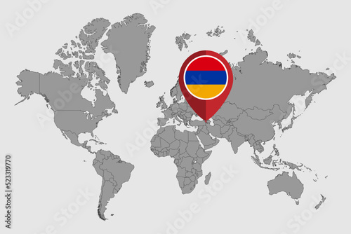 Pin map with Armenia flag on world map. Vector illustration.