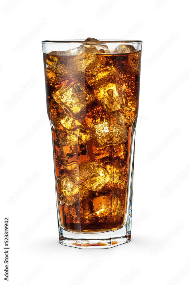 Cola with ice cubes in glass isolated on white background.