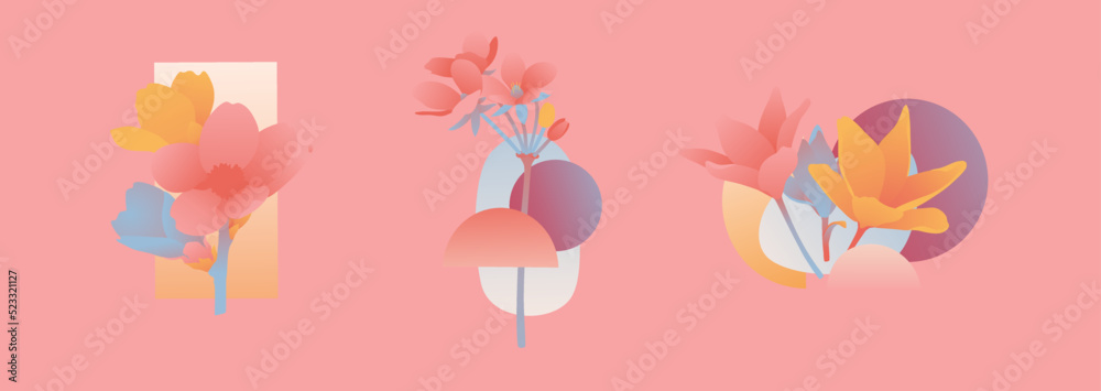 Modern design flower composition. Abstract shape. Invitations in the minimalism style with spring plants, leaves, geometric forms. Vector Modern design flower composition. Abstract shape. Invitations in the minimalism style with spring plants, leaves, geometric forms. Vector