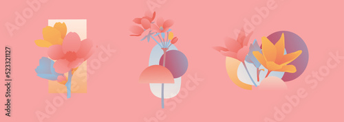 Modern design flower composition. Abstract shape. Invitations in the minimalism style with spring plants, leaves, geometric forms. Vector
