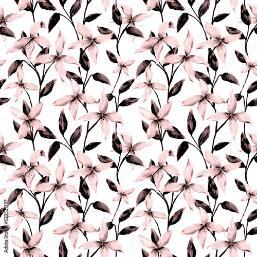 Lily flowers, leaves seamless pattern. Botanical repeat print on white background. Elegant black white, pink floral design for textile, wallpaper, wrapping paper, fabric, decoration.