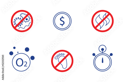 Ozonation icons set. Elimination of traces, odors, destruction of bacteria. Saving money resources, fast processing, safe application.