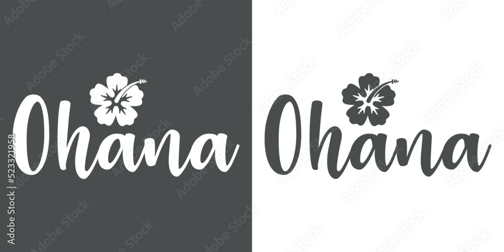 Banner con texto manuscrito con palabra hawaiana Ohana con silueta de flor de hibisco. Logo familia. Vector en fondo gris y blanco