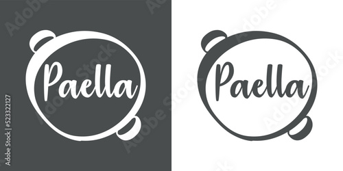 Banner con texto manuscrito Paella con sartén. Logo restaurante. Vector en fondo gris y fondo blanco