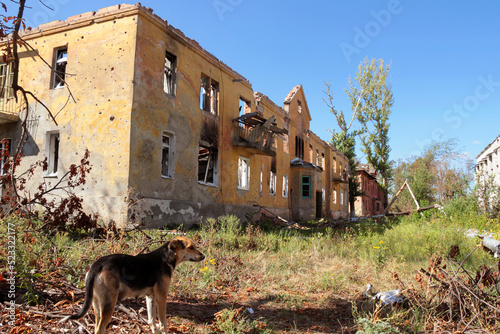 Destroyed building in Sloviansk, Donetsk region, Ukraine after russian bombing on August 2014 photo