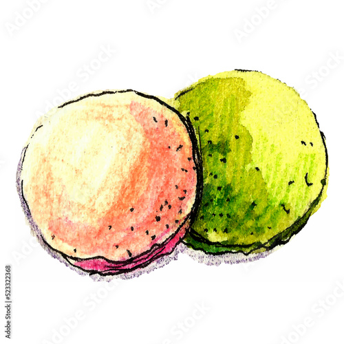 Watercolor illustration of French macarons. Pink and green pastry hand painted elements.