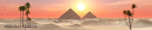 Sand dunes with pyramids and palm trees at sunset, sand desert panorama with paramids and palm trees, 3d rendering