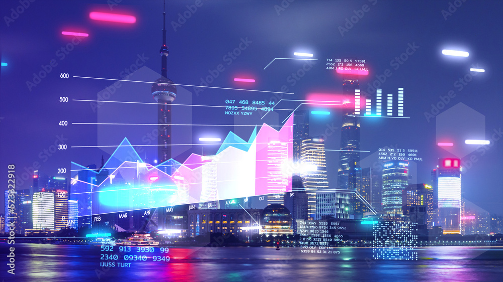 Stock exchange market and investment, blockchain crypto currency finance stock price graph chart with business district city building background