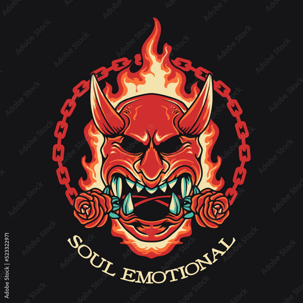 Oni Mask Fire Flower Retro Vector Illustration Oni Mask Fire Flower Retro Vector Illustration