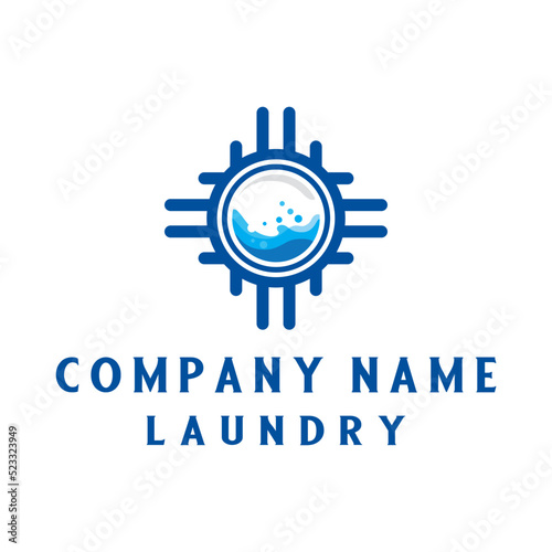 laundry design logo. washing machine and water bubbles abstract icon concept.