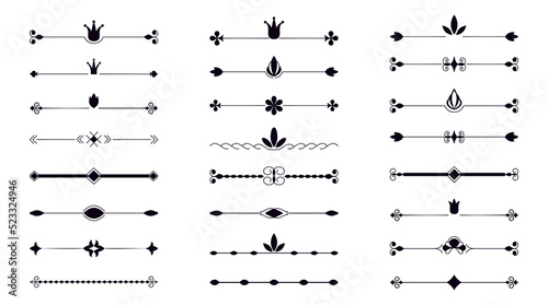 Dividers decor set. Collection of classic vintage separators. Vector black linear text dividers on a white background. Outlines label a set of border elements. photo