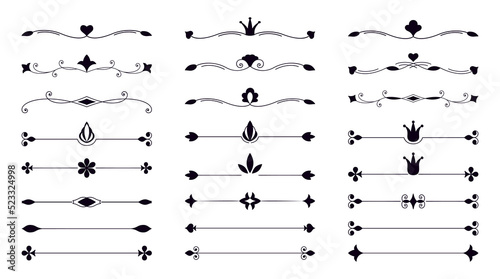 Dividers decor set. Collection of classic vintage separators. Vector black linear text dividers on a white background. Outlines label a set of border elements.