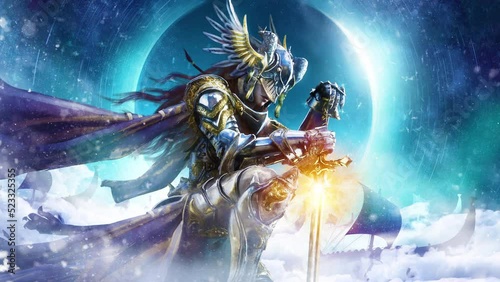 A beautiful valkyrie woman in golden golden shining armor dramatically leans on her sword in heavenly harbor against  cold eclipse, she accompanies ships to Valhalla.  clean looped 2d animation  photo